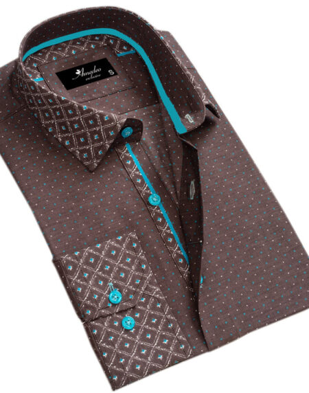 Chocolate Brown and Turqouise Blue Mens Slim Fit Designer Dress Shirt – tailored Cotton Shirts for Work and Casual Wear