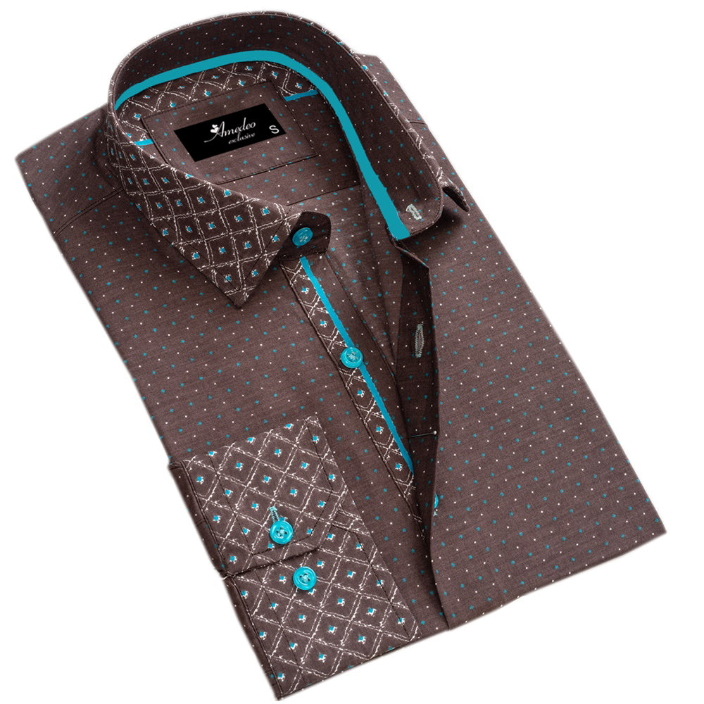 Chocolate Brown and Turqouise Blue Mens Slim Fit Designer Dress Shirt – tailored Cotton Shirts for Work and Casual Wear