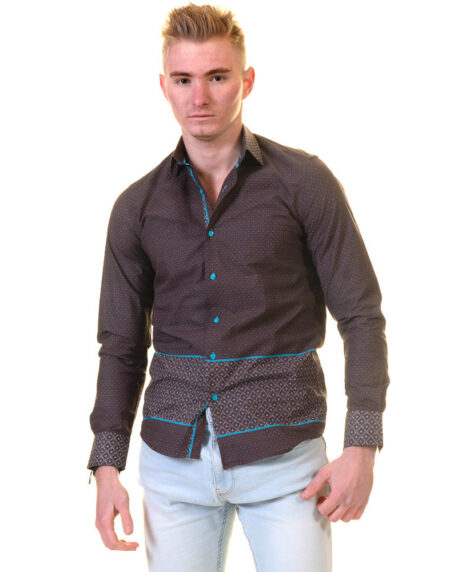 Chocolate Brown and Turqouise Blue Mens Slim Fit Designer Dress Shirt – tailored Cotton Shirts for Work and Casual Wear