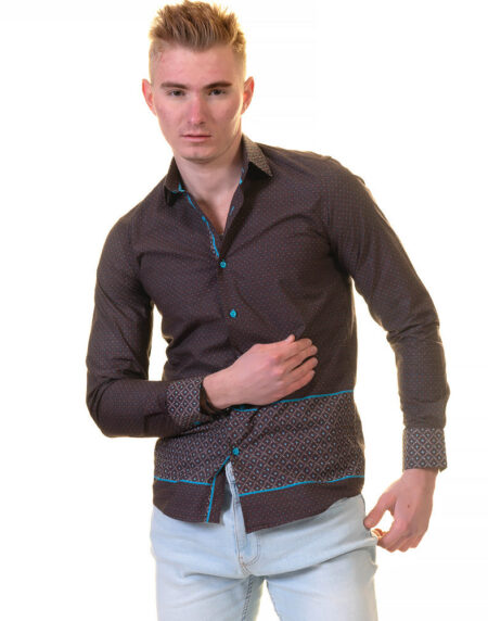Chocolate Brown and Turqouise Blue Mens Slim Fit Designer Dress Shirt – tailored Cotton Shirts for Work and Casual Wear