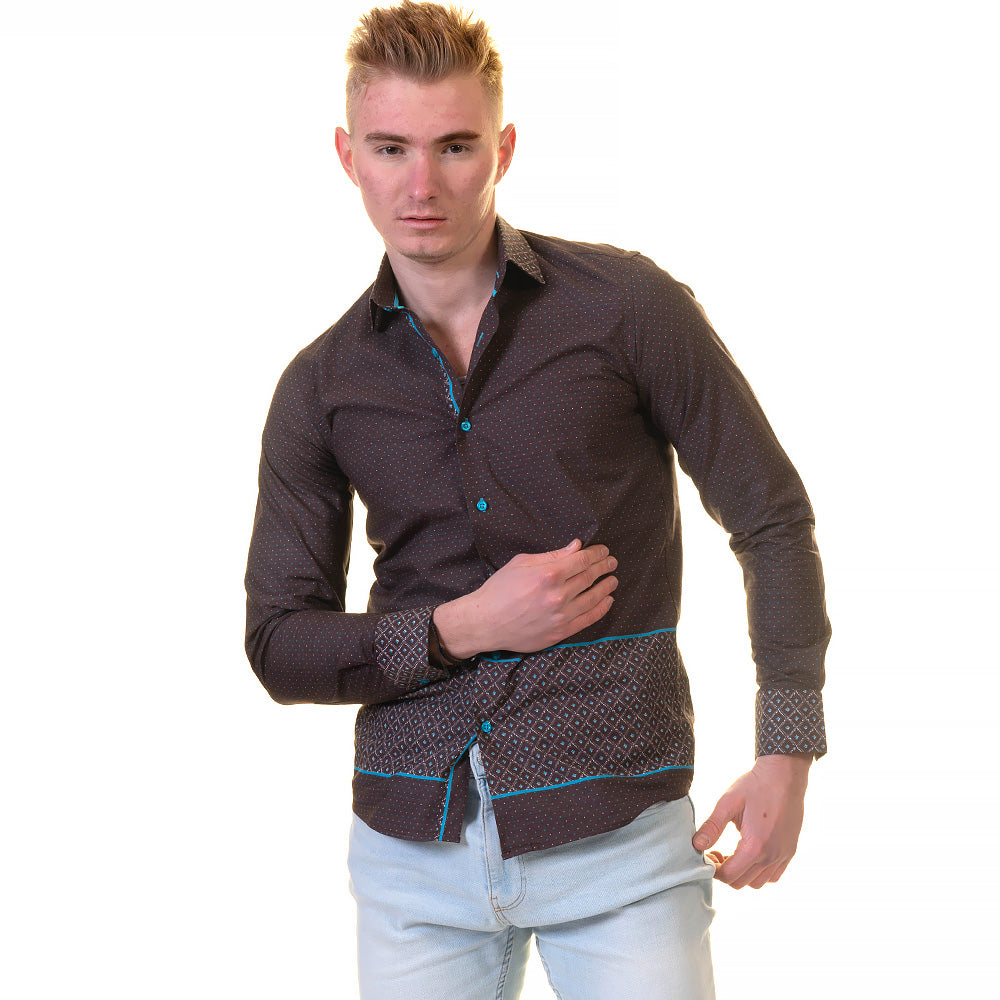 Chocolate Brown and Turqouise Blue Mens Slim Fit Designer Dress Shirt - tailored Cotton Shirts for Work and Casual Wear - Image 3