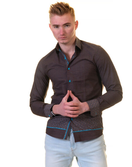 Chocolate Brown and Turqouise Blue Mens Slim Fit Designer Dress Shirt – tailored Cotton Shirts for Work and Casual Wear