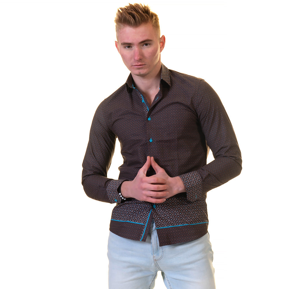 Chocolate Brown and Turqouise Blue Mens Slim Fit Designer Dress Shirt - tailored Cotton Shirts for Work and Casual Wear - Image 4