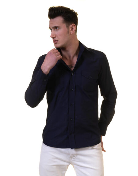 Solid Navy Blue Mens Slim Fit Designer Dress Shirt – tailored Cotton Shirts for Work and Casual Wear