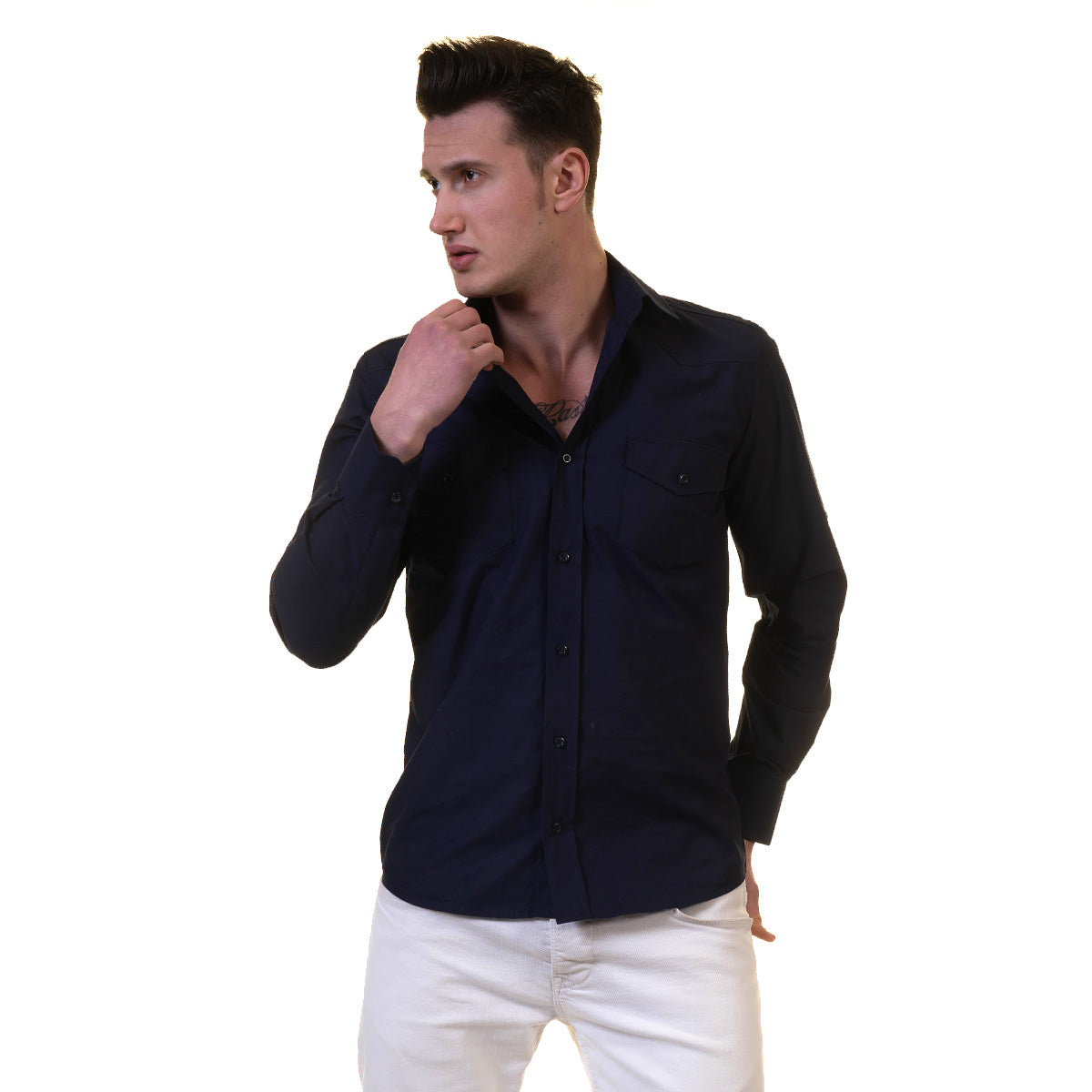 Solid Navy Blue Mens Slim Fit Designer Dress Shirt – tailored Cotton Shirts for Work and Casual Wear