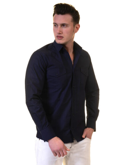 Solid Navy Blue Mens Slim Fit Designer Dress Shirt – tailored Cotton Shirts for Work and Casual Wear