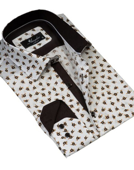 White with Brown Floral Mens Slim Fit Designer Dress Shirt - tailored Cotton Shirts for Work and - Amedeo Exclusive