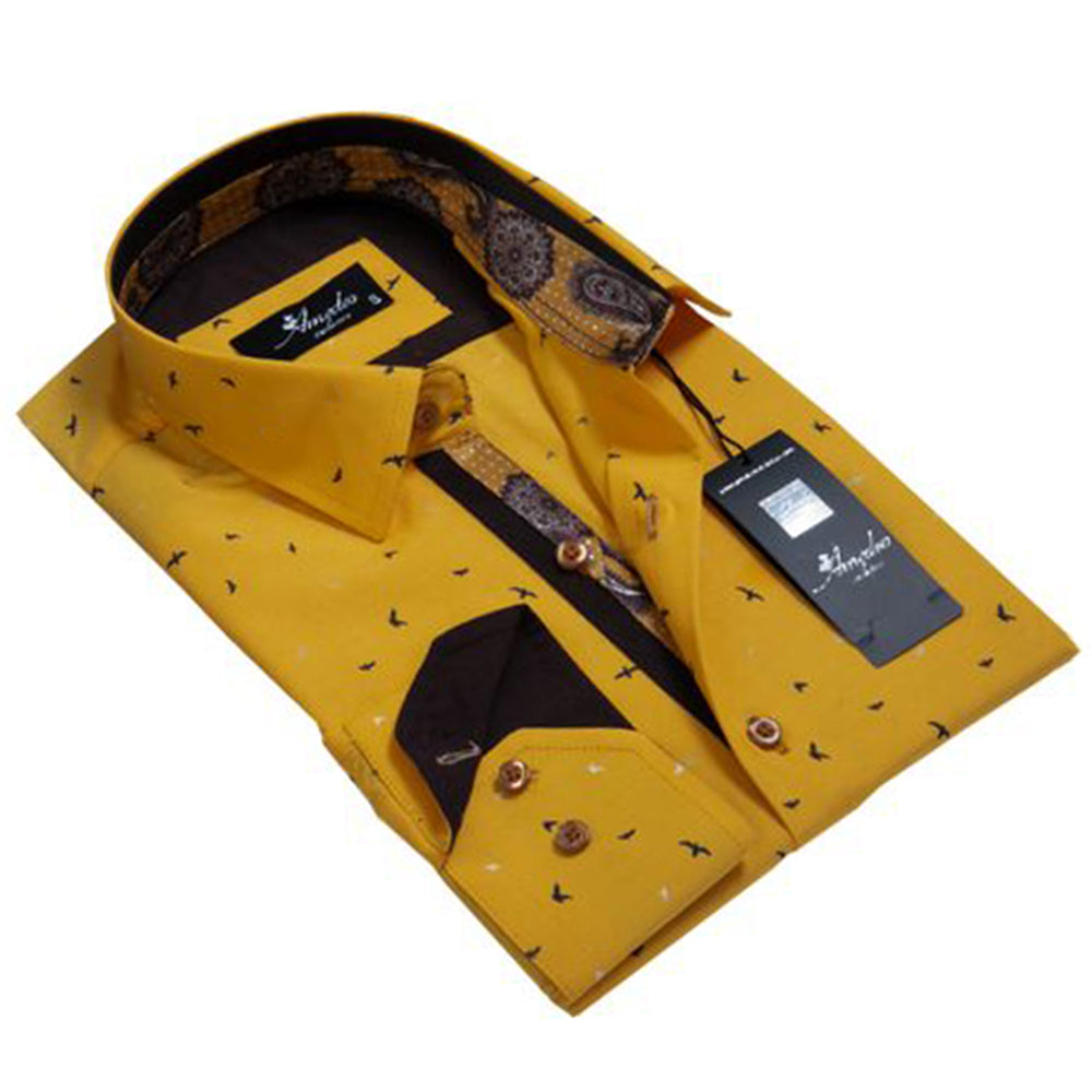 Dark Yellow with Multi Paisley Mens Slim Fit Designer Dress Shirt - tailored Cotton Shirts for Work and Casual Wear - Amedeo Exclusive