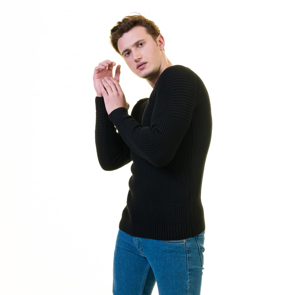 Solid Black Printed European Wool Luxury Zippered With Sweater Jacket Warm Winter Tailor Fit - Image 2