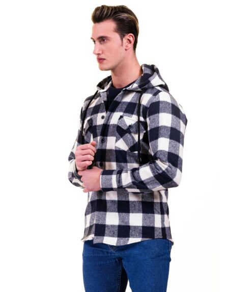 Navy Blue & White European Wool Luxury Zippered With Hoodie Sweater Jacket Warm Winter Tailor Fit