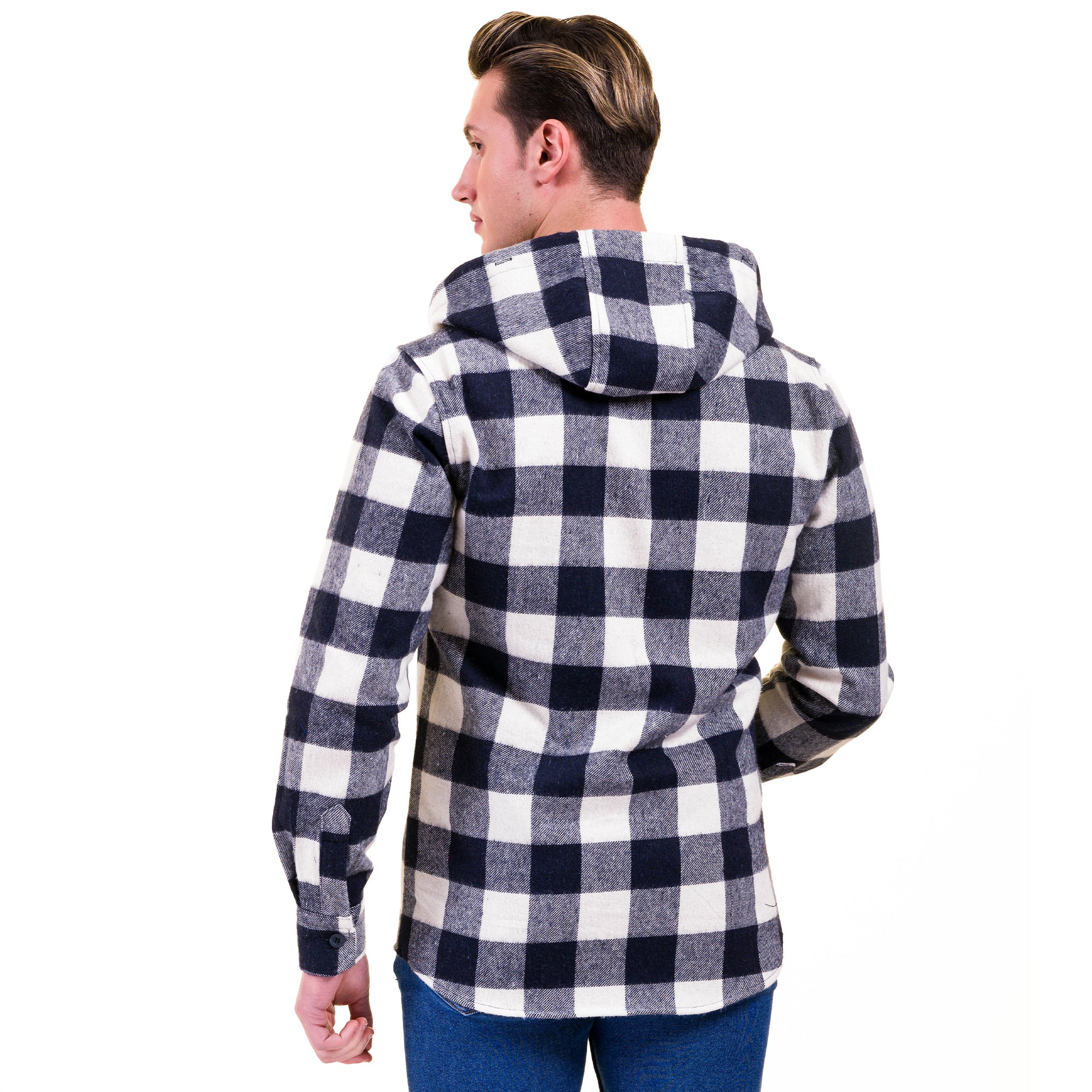 Navy Blue & White European Wool Luxury Zippered With Hoodie Sweater Jacket Warm Winter Tailor Fit - Image 4
