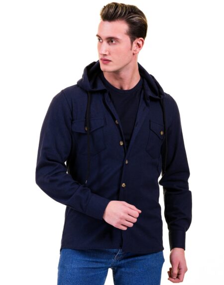 Solid Navy Blue European Wool Luxury Zippered With Hoodie Sweater Jacket Warm Winter Tailor Fit