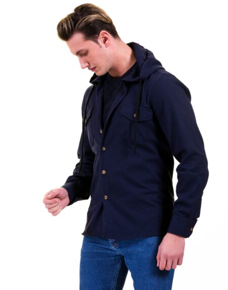 Solid Navy Blue European Wool Luxury Zippered With Hoodie Sweater Jacket Warm Winter Tailor Fit