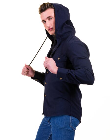 Solid Navy Blue European Wool Luxury Zippered With Hoodie Sweater Jacket Warm Winter Tailor Fit