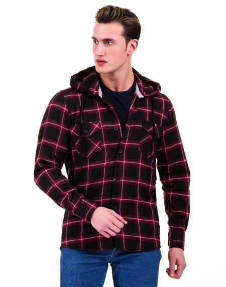 Black Red Check European Wool Luxury Zippered With Hoodie Sweater Jacket Warm Winter Tailor Fit
