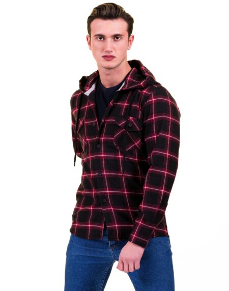 Black Red Check European Wool Luxury Zippered With Hoodie Sweater Jacket Warm Winter Tailor Fit