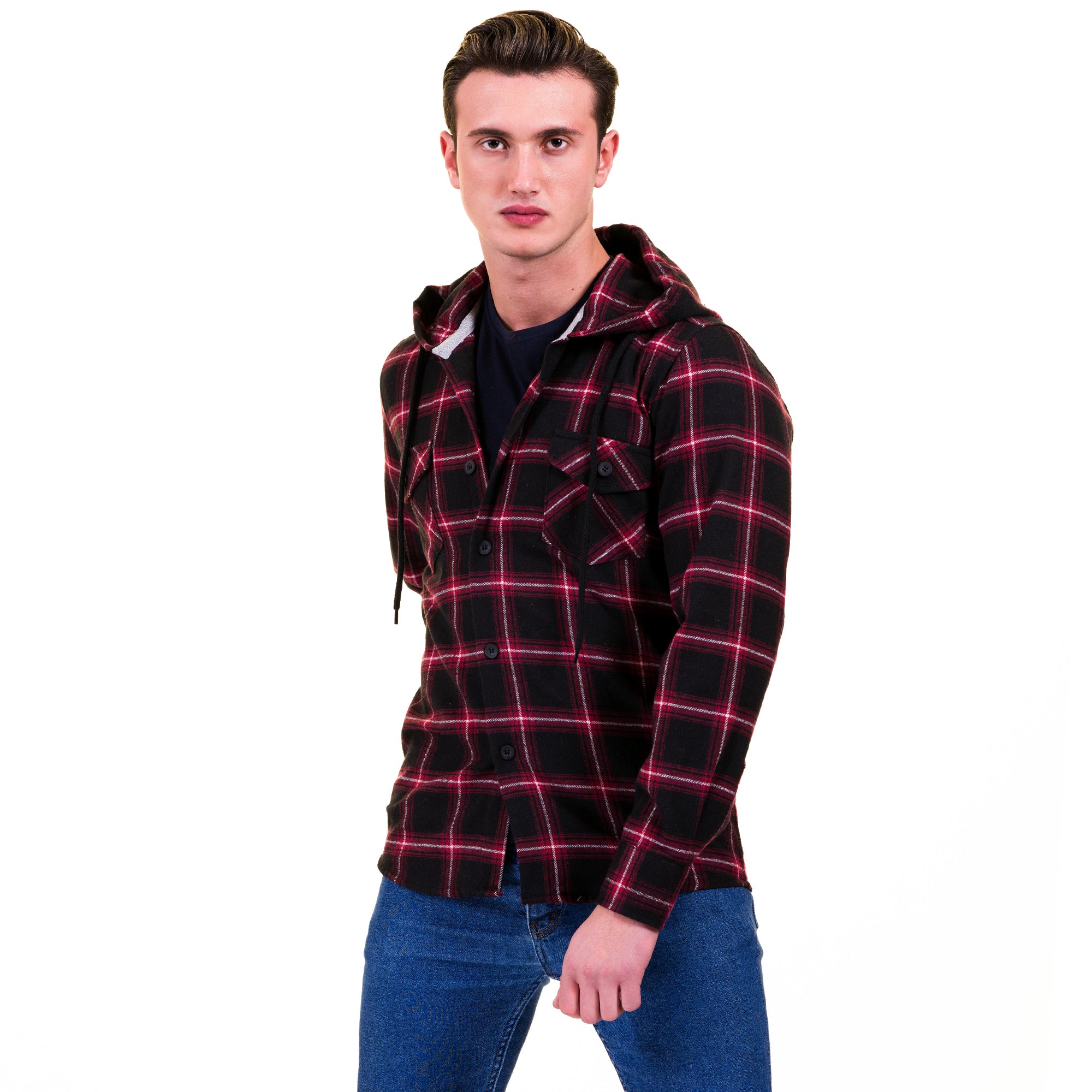 Black Red Check European Wool Luxury Zippered With Hoodie Sweater Jacket Warm Winter Tailor Fit - Image 3