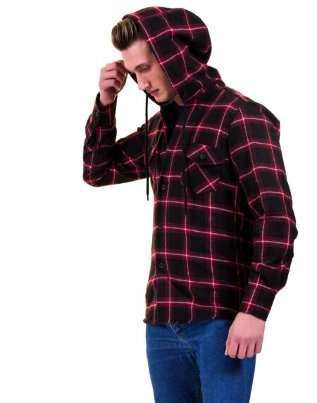 Black Red Check European Wool Luxury Zippered With Hoodie Sweater Jacket Warm Winter Tailor Fit