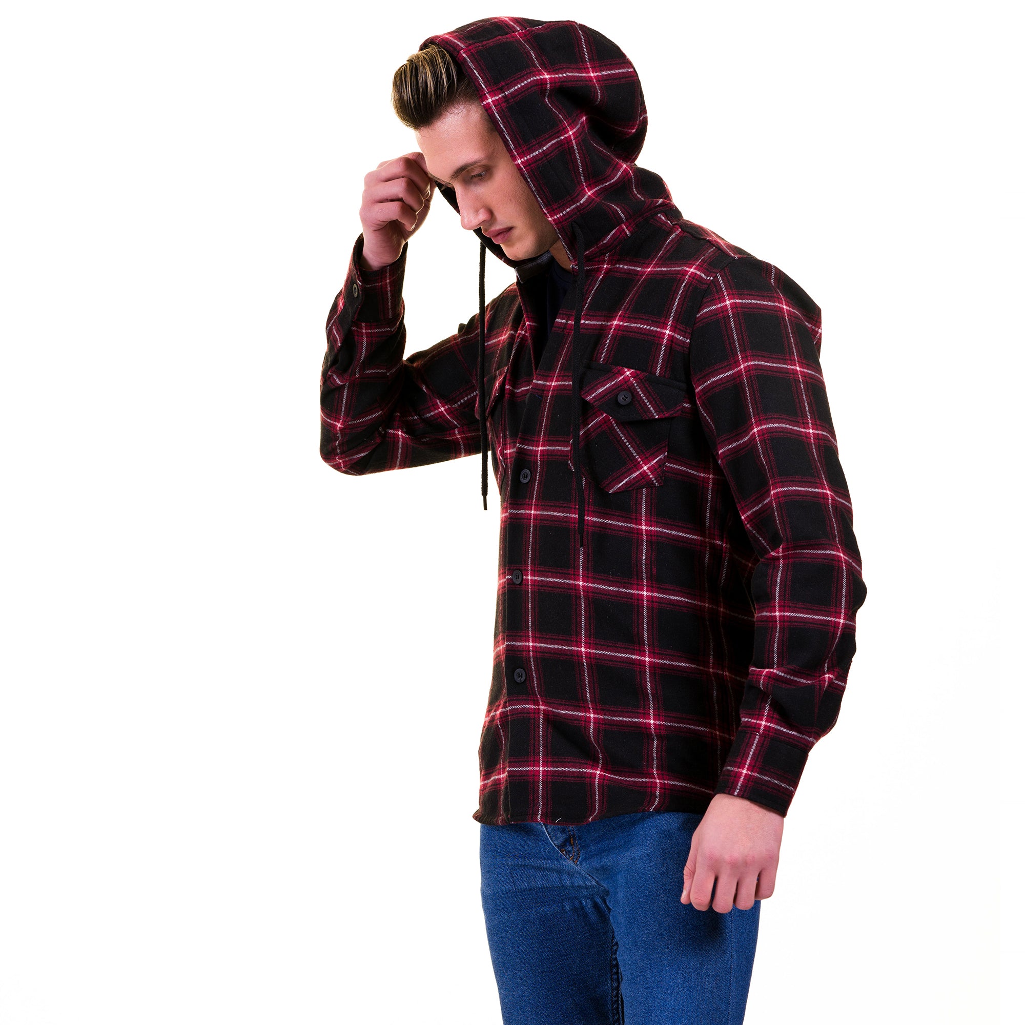 Black Red Check European Wool Luxury Zippered With Hoodie Sweater Jacket Warm Winter Tailor Fit - Image 4