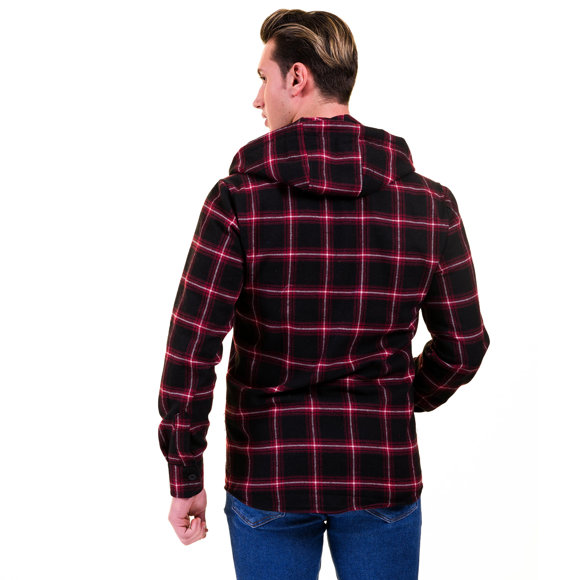 Black Red Check European Wool Luxury Zippered With Hoodie Sweater Jacket Warm Winter Tailor Fit - Image 2