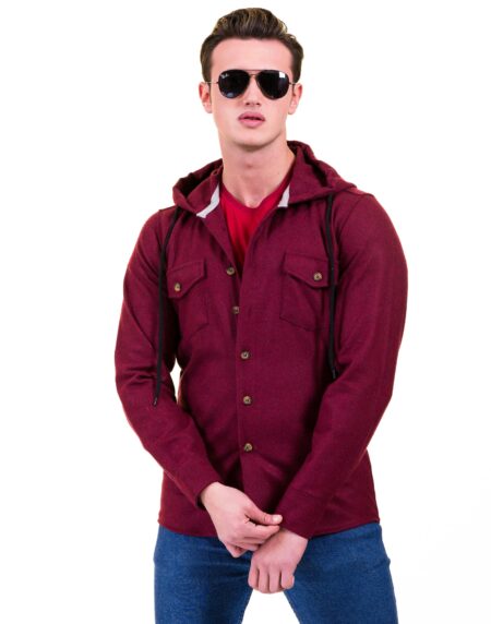 Solid Burgandy European Wool Luxury Zippered With Hoodie Sweater Jacket Warm Winter Tailor Fit