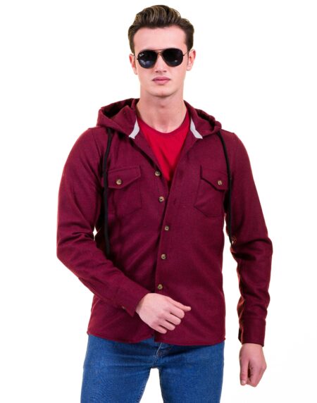 Solid Burgandy European Wool Luxury Zippered With Hoodie Sweater Jacket Warm Winter Tailor Fit