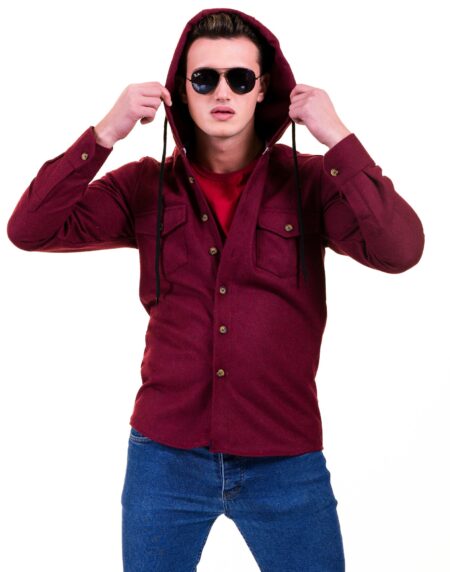 Solid Burgandy European Wool Luxury Zippered With Hoodie Sweater Jacket Warm Winter Tailor Fit