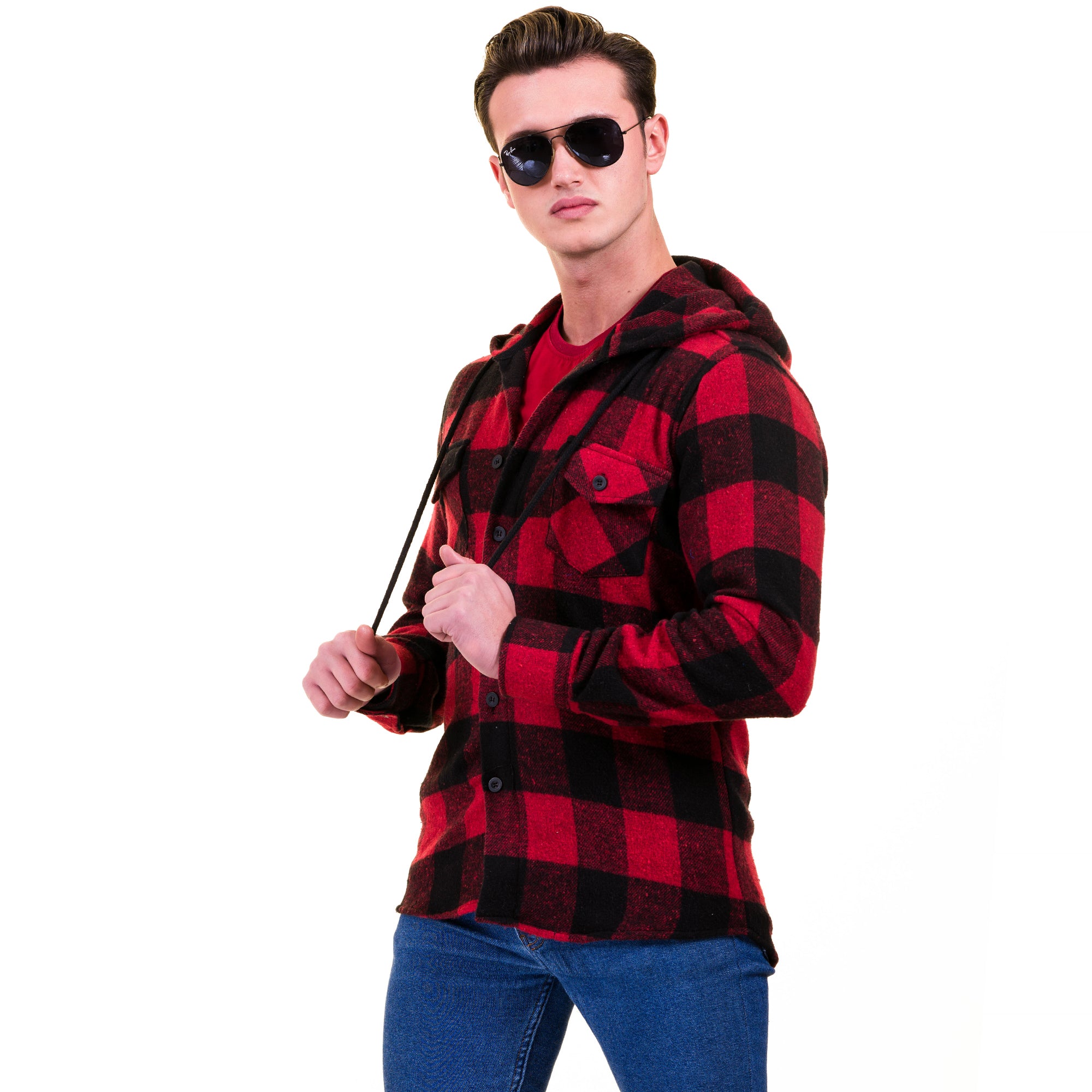 Red Black Check European Wool Luxury Zippered With Hoodie Sweater Jacket Warm Winter Tailor Fit - Image 2