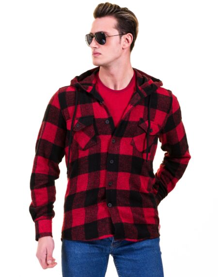 Red Black Check European Wool Luxury Zippered With Hoodie Sweater Jacket Warm Winter Tailor Fit