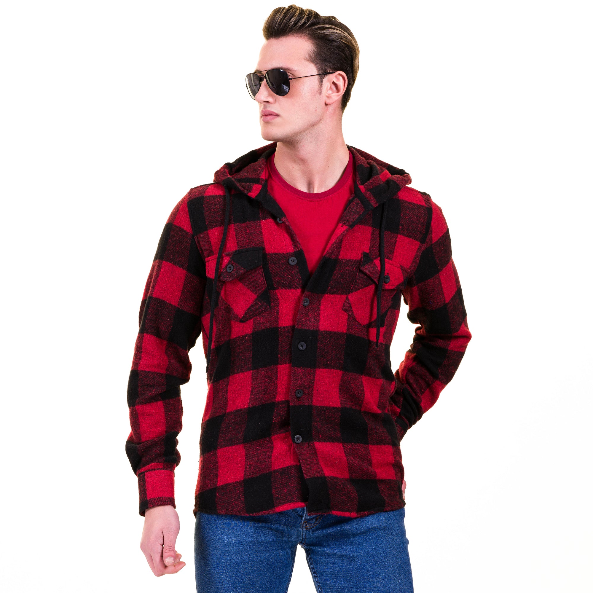 Red Black Check European Wool Luxury Zippered With Hoodie Sweater Jacket Warm Winter Tailor Fit - Image 4