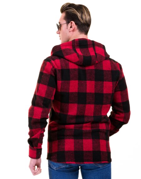Red Black Check European Wool Luxury Zippered With Hoodie Sweater Jacket Warm Winter Tailor Fit