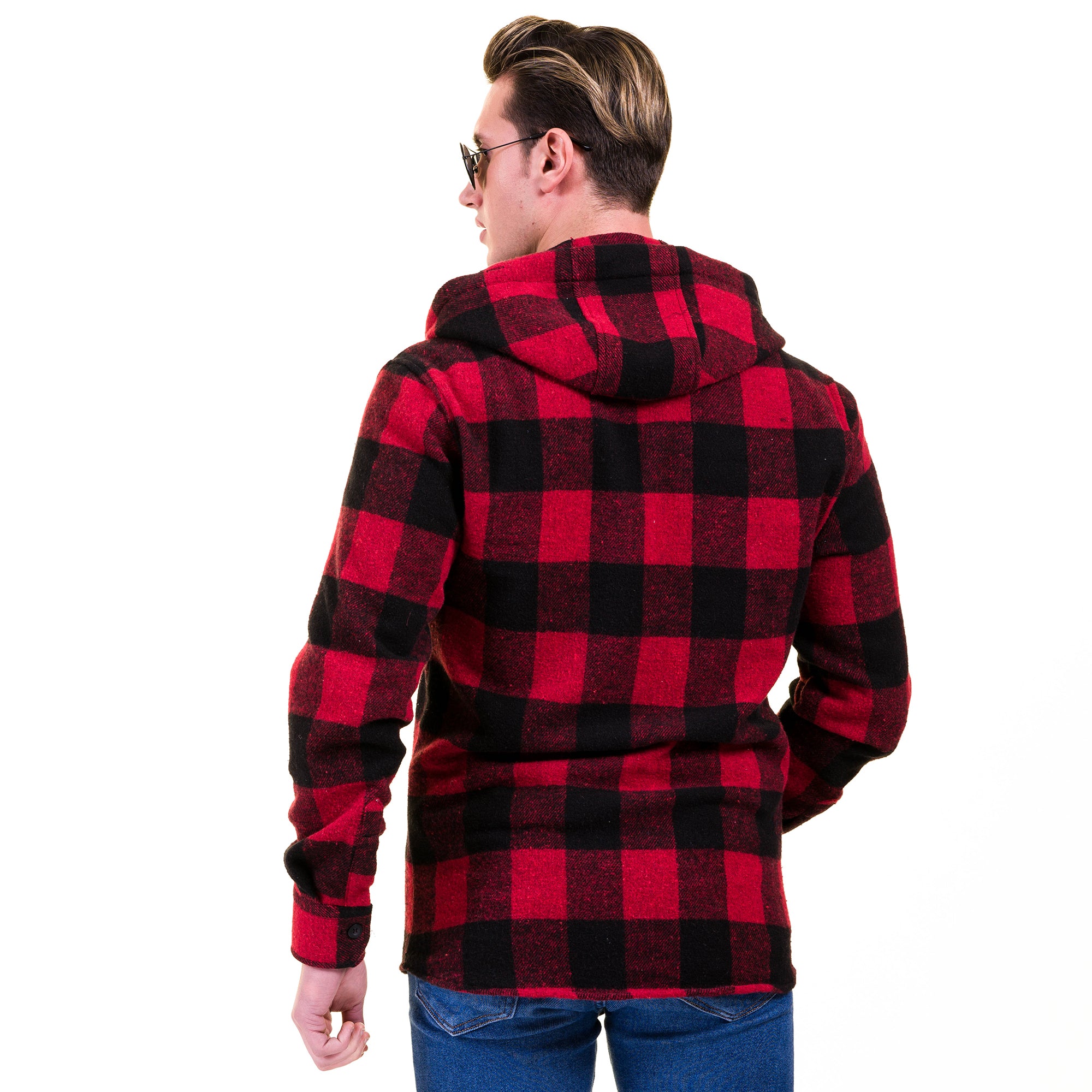Red Black Check European Wool Luxury Zippered With Hoodie Sweater Jacket Warm Winter Tailor Fit - Image 3