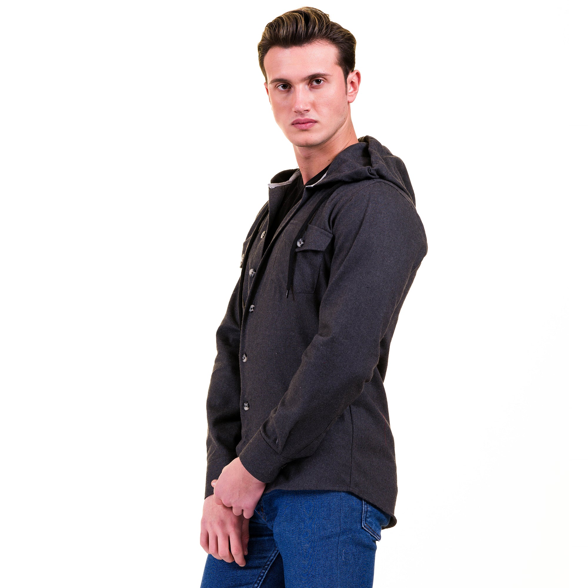 Solid Grey European Wool Luxury Zippered With Hoodie Sweater Jacket Warm Winter Tailor Fit - Image 2