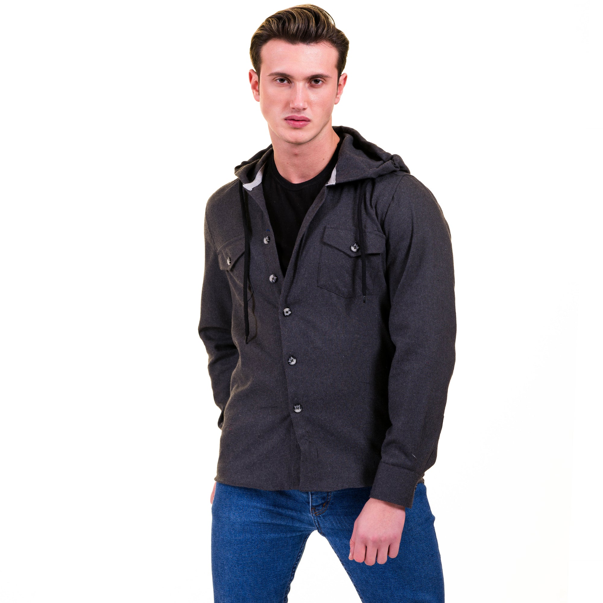 Solid Grey European Wool Luxury Zippered With Hoodie Sweater Jacket Warm Winter Tailor Fit - Image 3