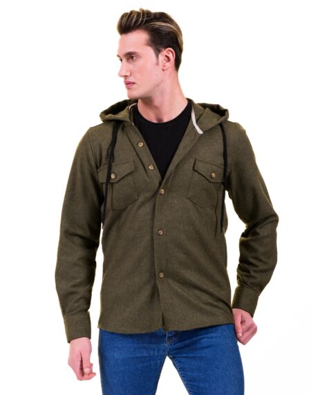 Solid Olive Green European Wool Luxury Zippered With Hoodie Sweater Jacket Warm Winter Tailor Fit