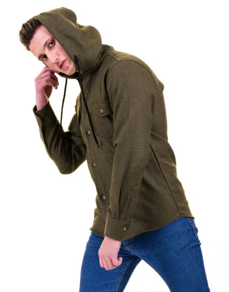 Solid Olive Green European Wool Luxury Zippered With Hoodie Sweater Jacket Warm Winter Tailor Fit