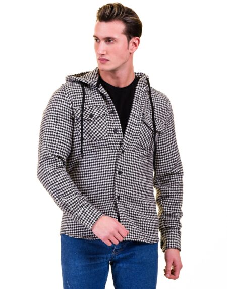 Black White Harringbone European Wool Luxury Zippered With Hoodie Sweater Jacket Warm Winter Tailor Fit