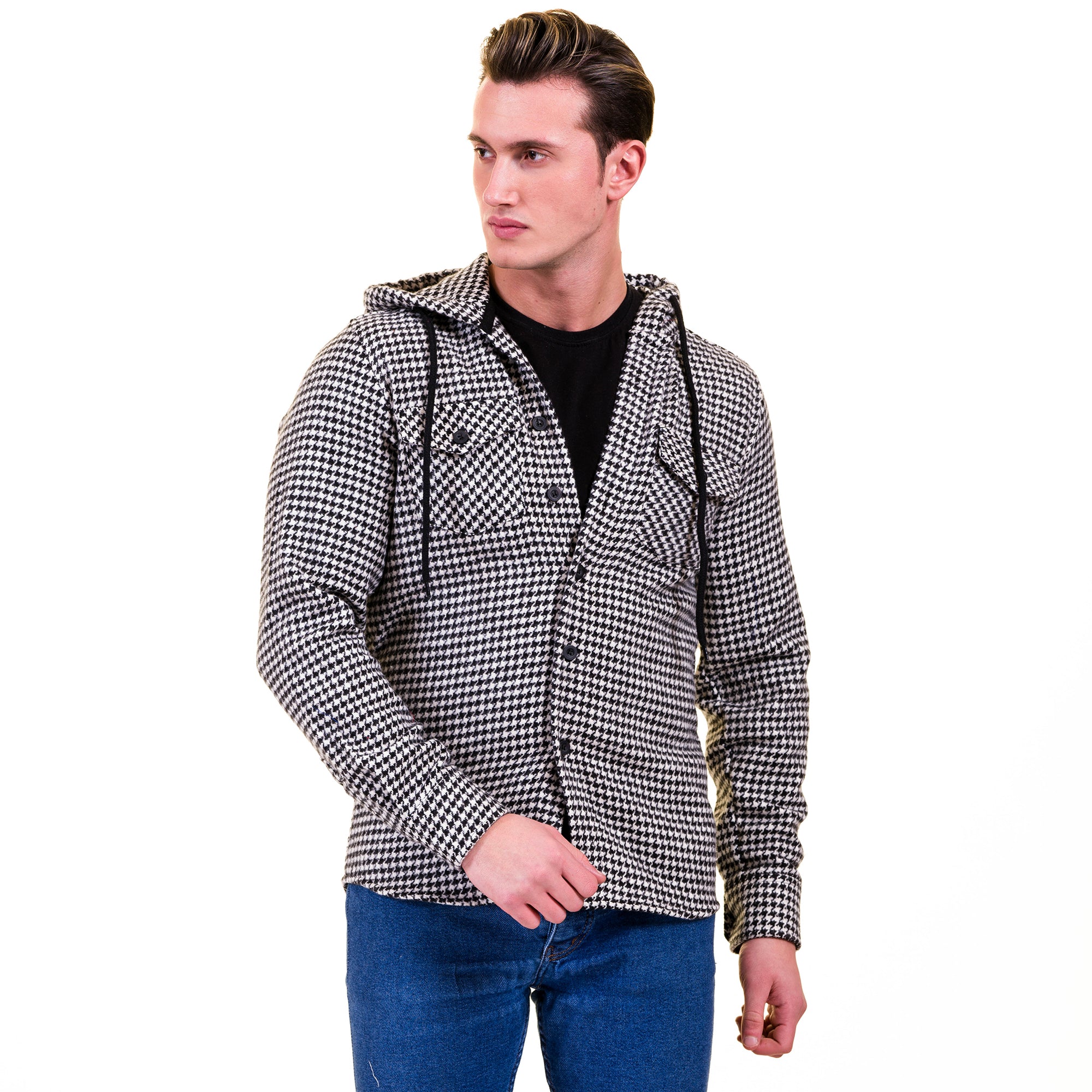 Black White Harringbone European Wool Luxury Zippered With Hoodie Sweater Jacket Warm Winter Tailor Fit - Image 3