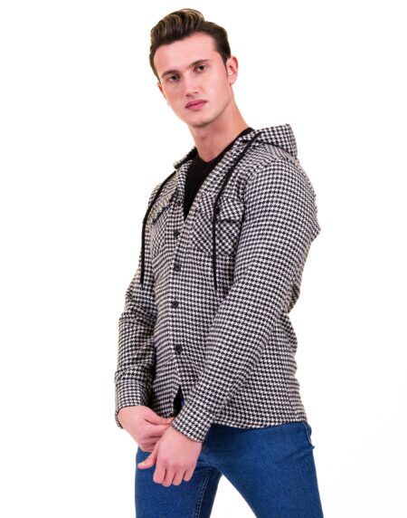 Black White Harringbone European Wool Luxury Zippered With Hoodie Sweater Jacket Warm Winter Tailor Fit