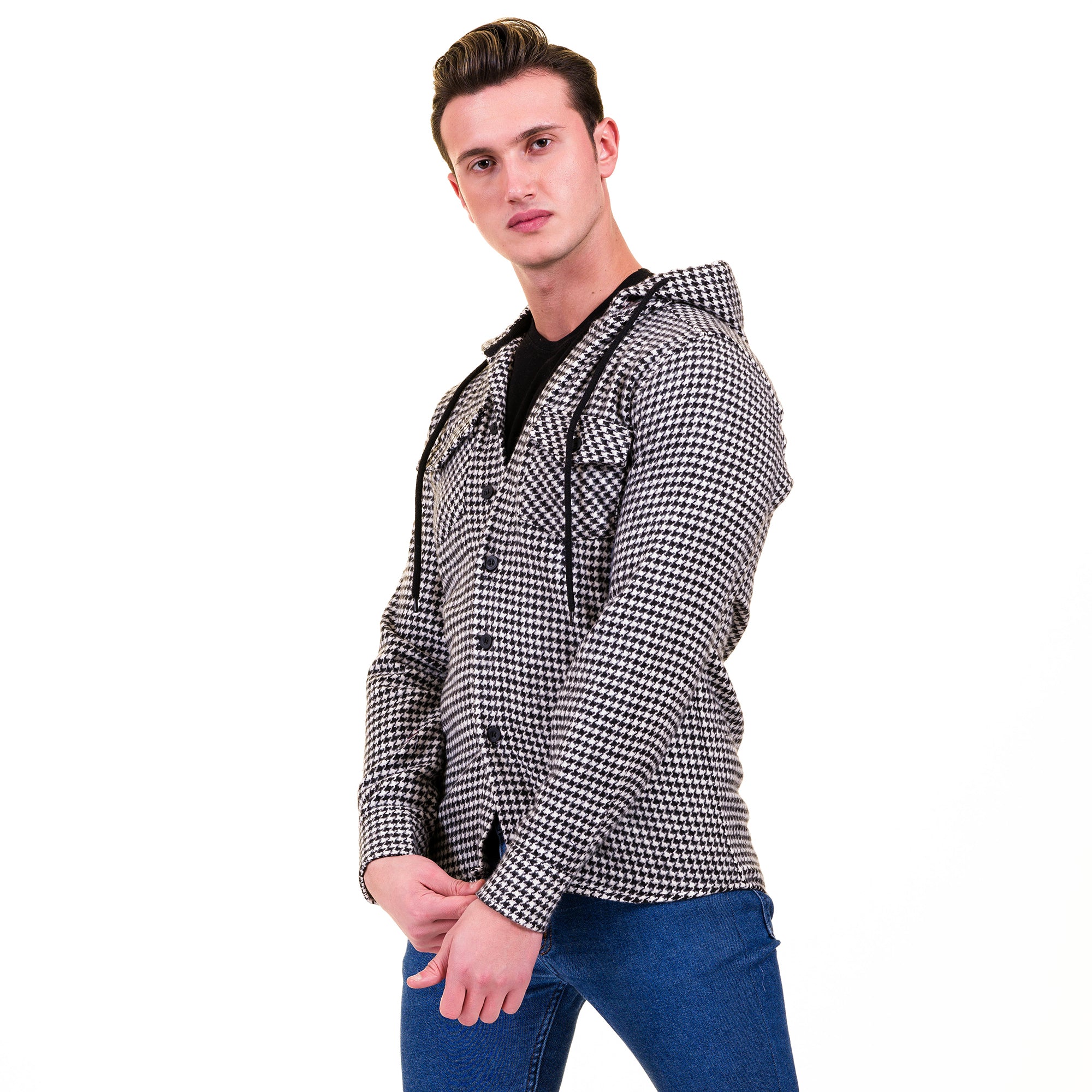 Black White Harringbone European Wool Luxury Zippered With Hoodie Sweater Jacket Warm Winter Tailor Fit - Image 4