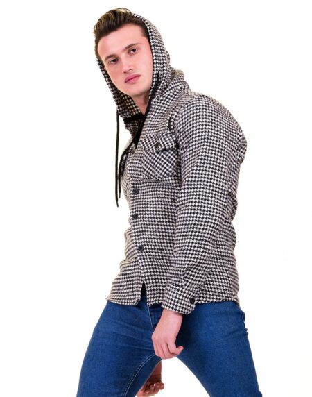Black White Harringbone European Wool Luxury Zippered With Hoodie Sweater Jacket Warm Winter Tailor Fit