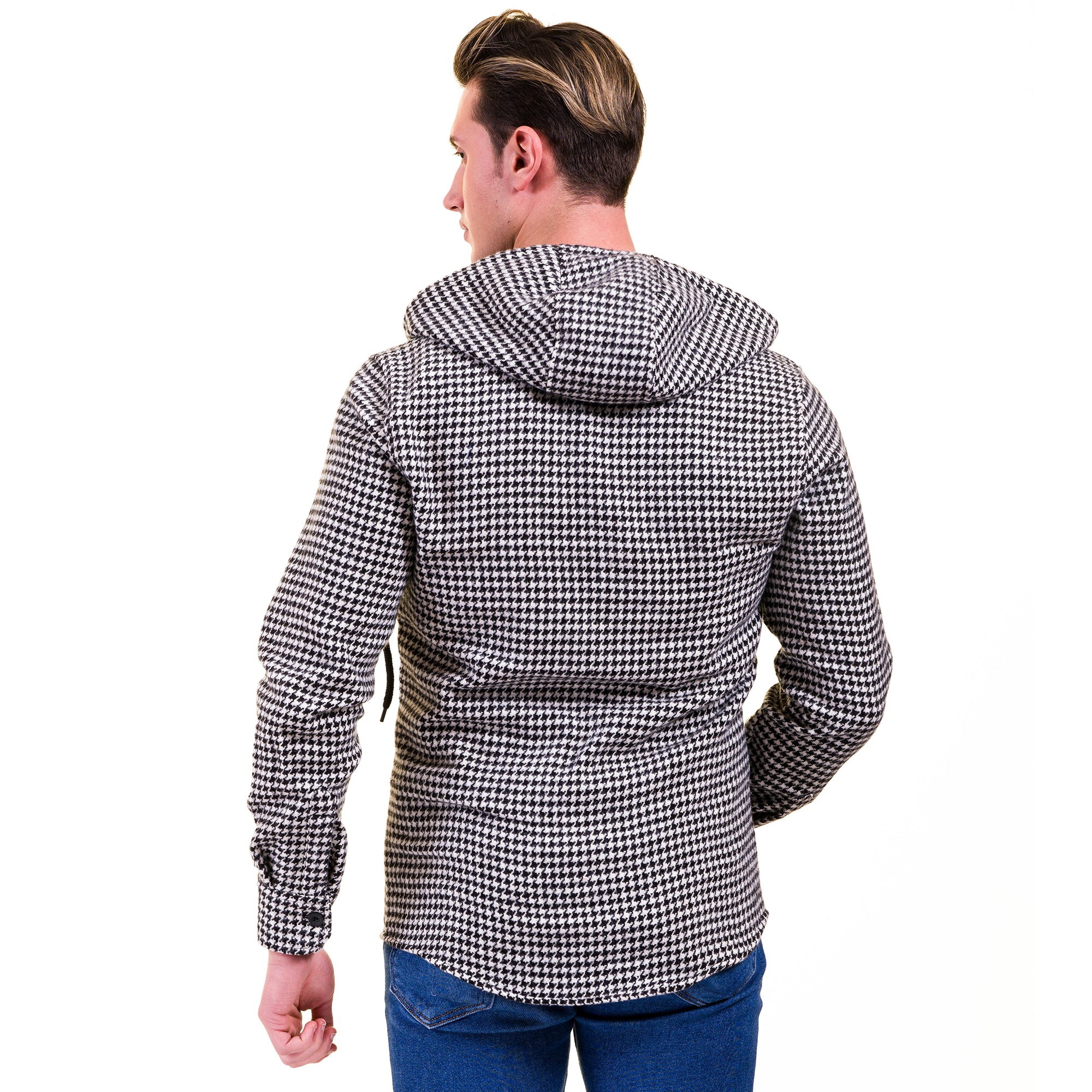 Black White Harringbone European Wool Luxury Zippered With Hoodie Sweater Jacket Warm Winter Tailor Fit - Image 2