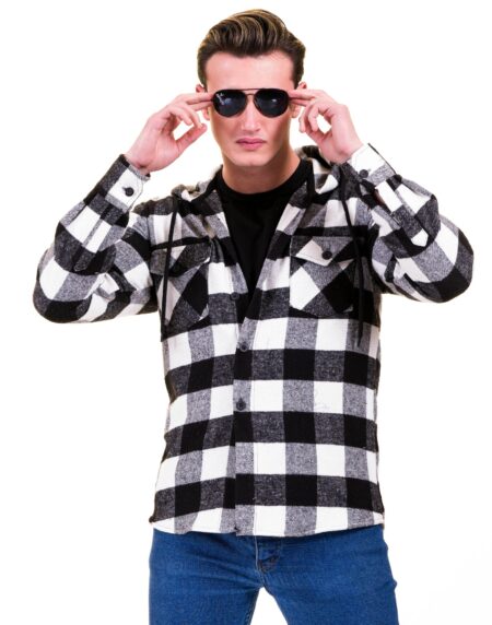 Black White Big Check European Wool Luxury Zippered With Hoodie Sweater Jacket Warm Winter Tailor Fit