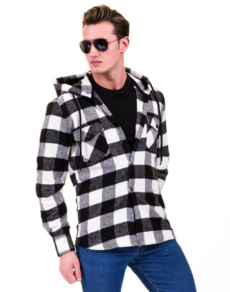 Black White Big Check European Wool Luxury Zippered With Hoodie Sweater Jacket Warm Winter Tailor Fit
