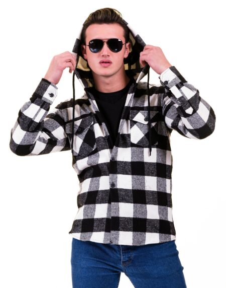Black White Big Check European Wool Luxury Zippered With Hoodie Sweater Jacket Warm Winter Tailor Fit