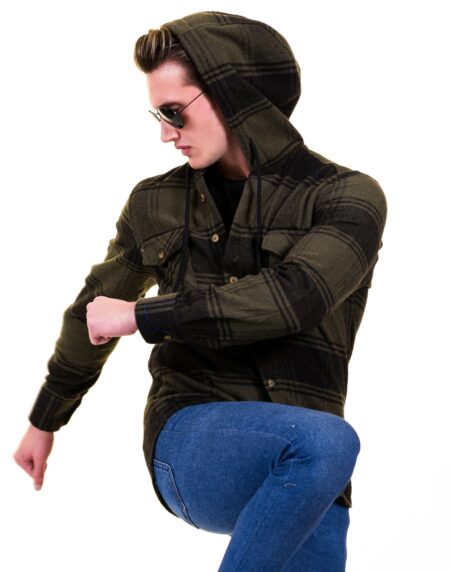 Olive Green Black Check European Wool Luxury Zippered With Hoodie Sweater Jacket Warm Winter Tailor Fit