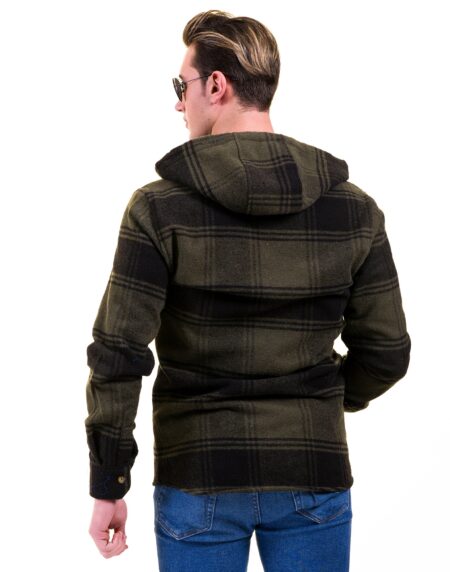 Olive Green Black Check European Wool Luxury Zippered With Hoodie Sweater Jacket Warm Winter Tailor Fit