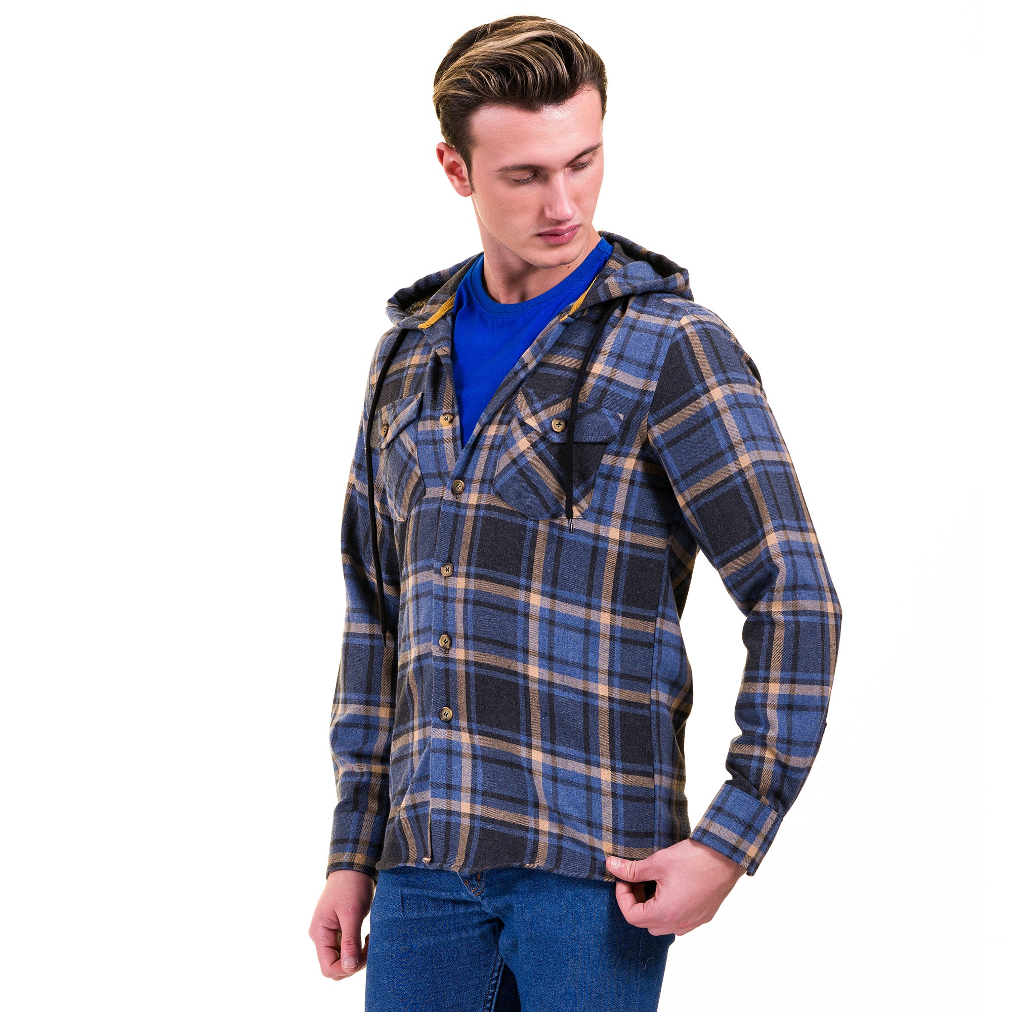 Blue Tan Check European Wool Luxury Zippered With Hoodie Sweater Jacket Warm Winter Tailor Fit - Image 2