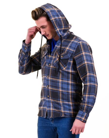 Blue Tan Check European Wool Luxury Zippered With Hoodie Sweater Jacket Warm Winter Tailor Fit
