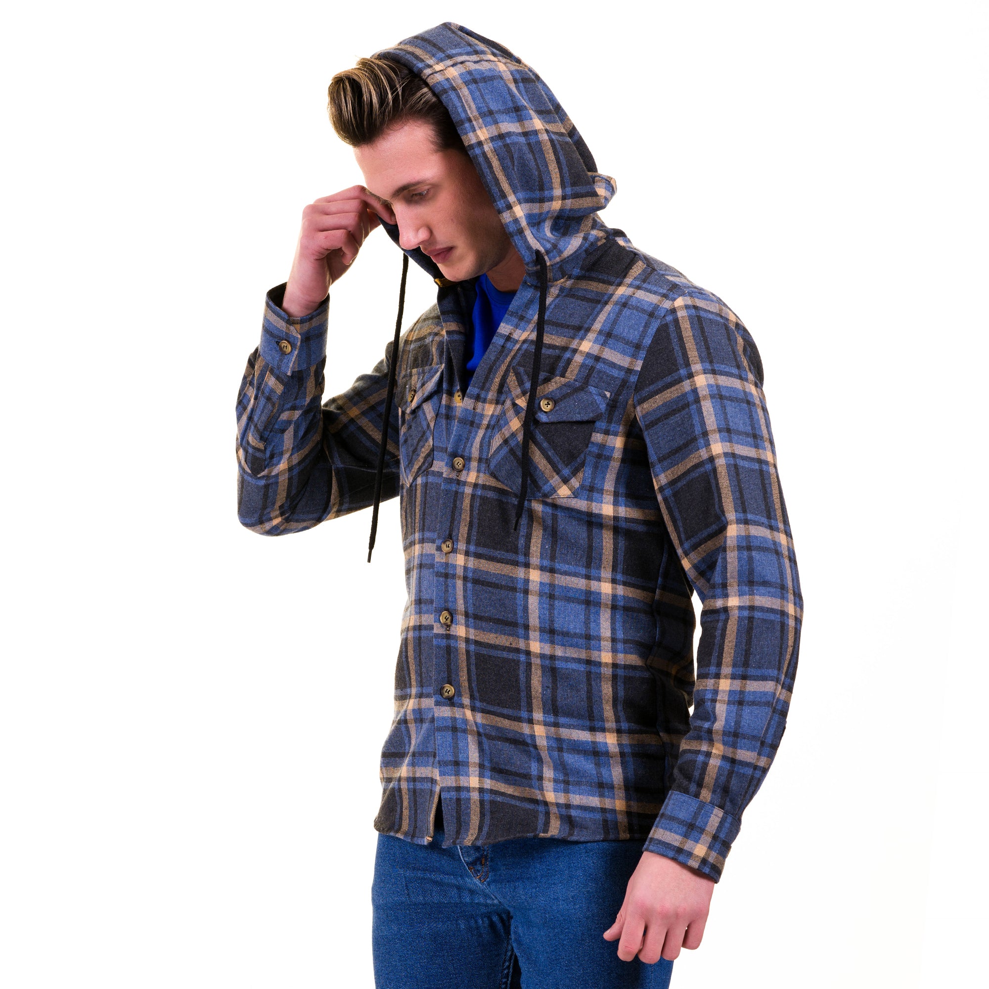 Blue Tan Check European Wool Luxury Zippered With Hoodie Sweater Jacket Warm Winter Tailor Fit - Image 3